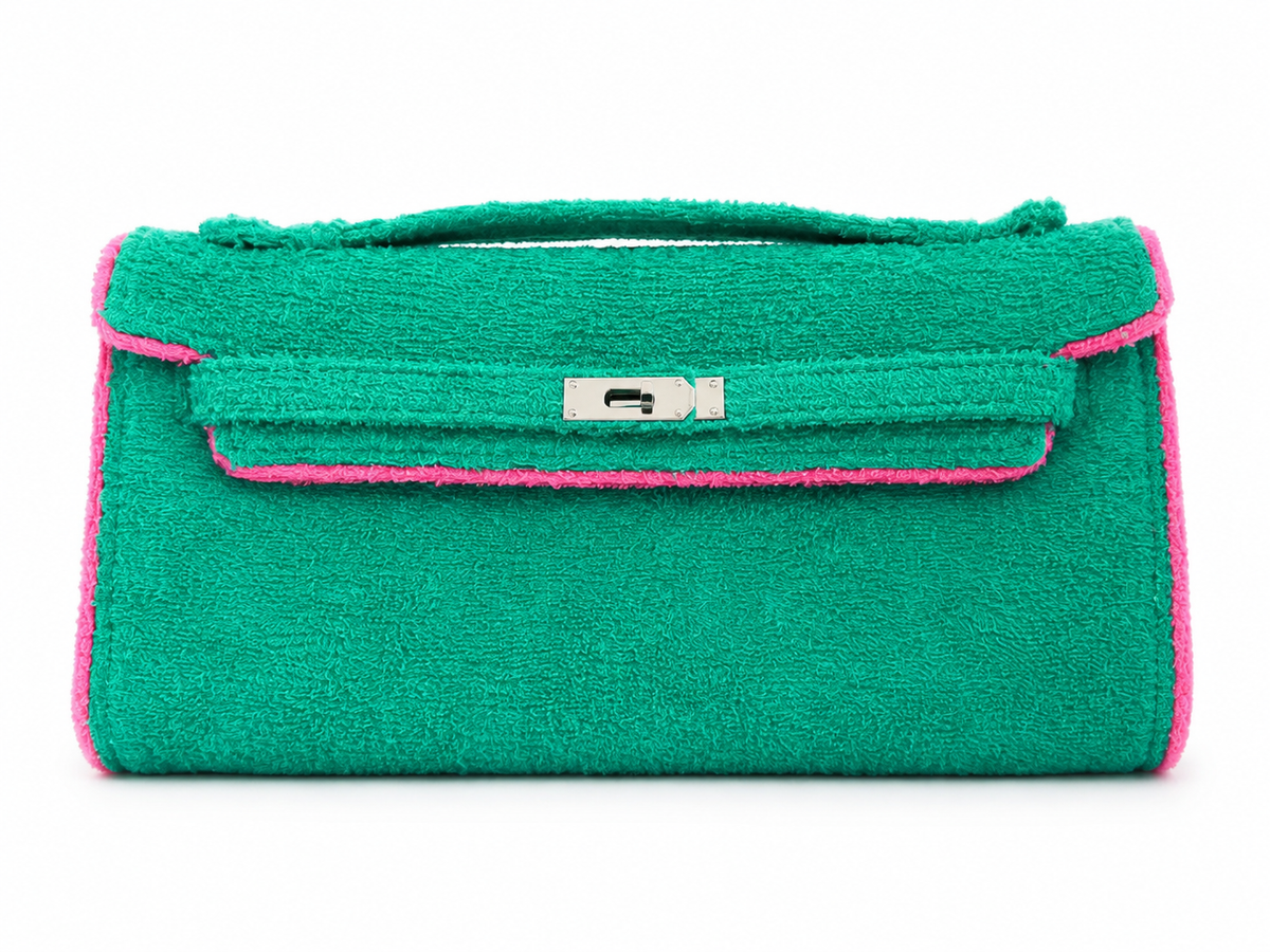 Towelling Clutch - Deep Green & Barbie Pink