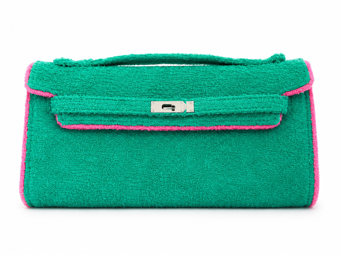 Towelling Clutch - Deep Green & Barbie Pink